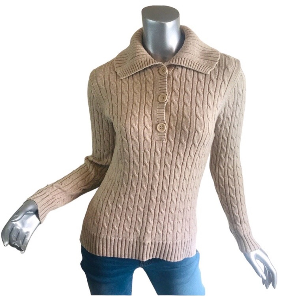 Liz Claiborne Small Cable Knit Sweater Pullover Beige Tan Button Collar Neckline